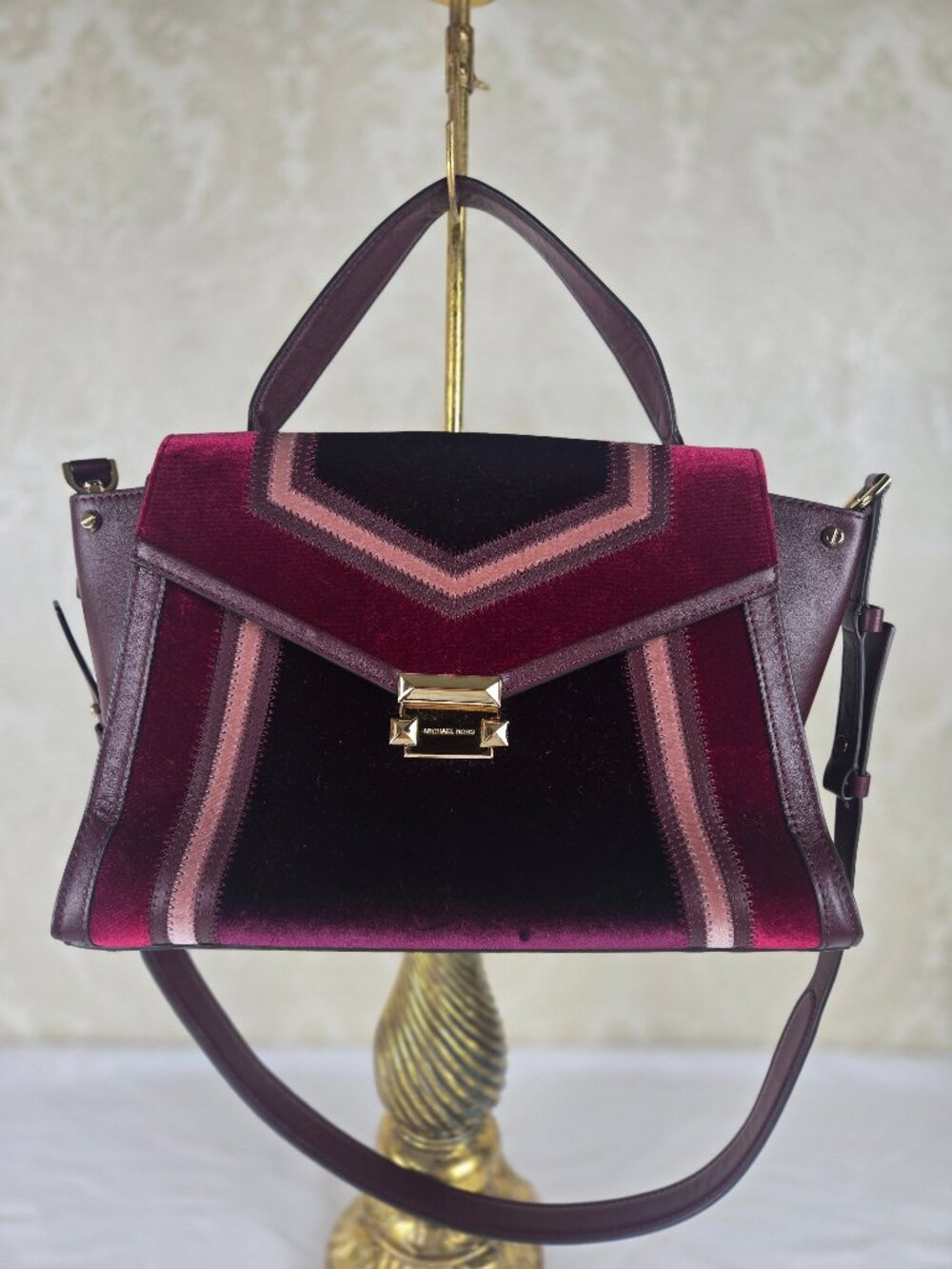 Michael Kors Whitney Bag Large Size Burgundy Maroon Velvet Front Leather Back